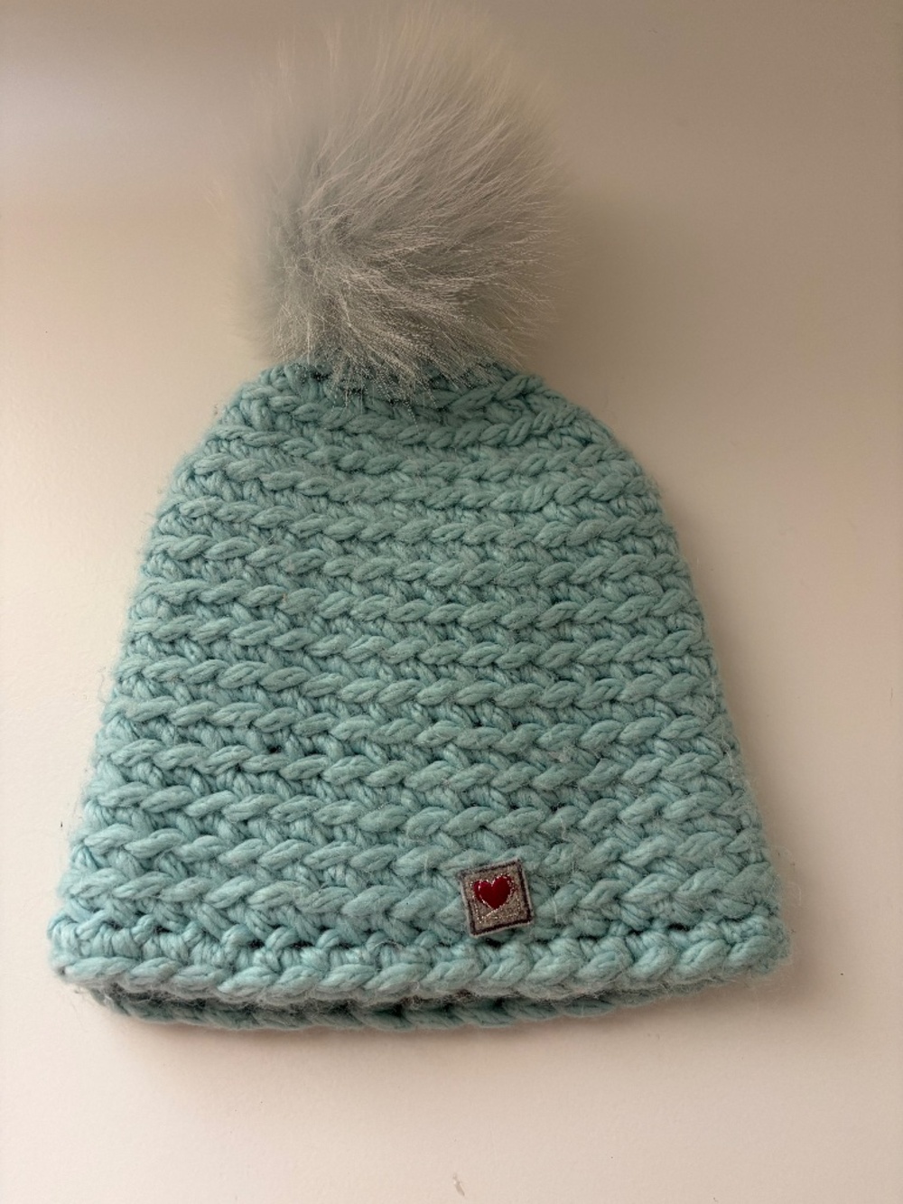 Frauenschuh Chunky Knit Beanie Light Blue Fur Pom Hat One Size